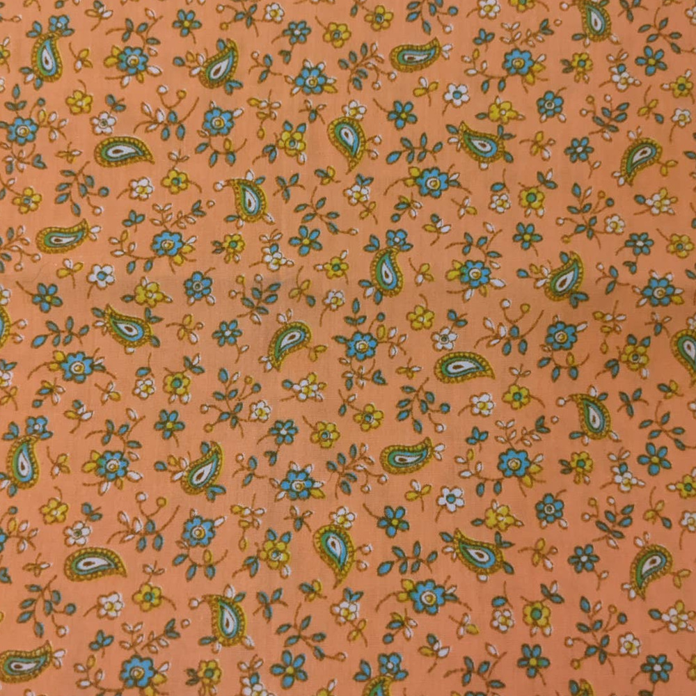 Vintage 1960's Funky Paisley Floral Fabric Salmon Orange 44" by 76" Cotton Woven